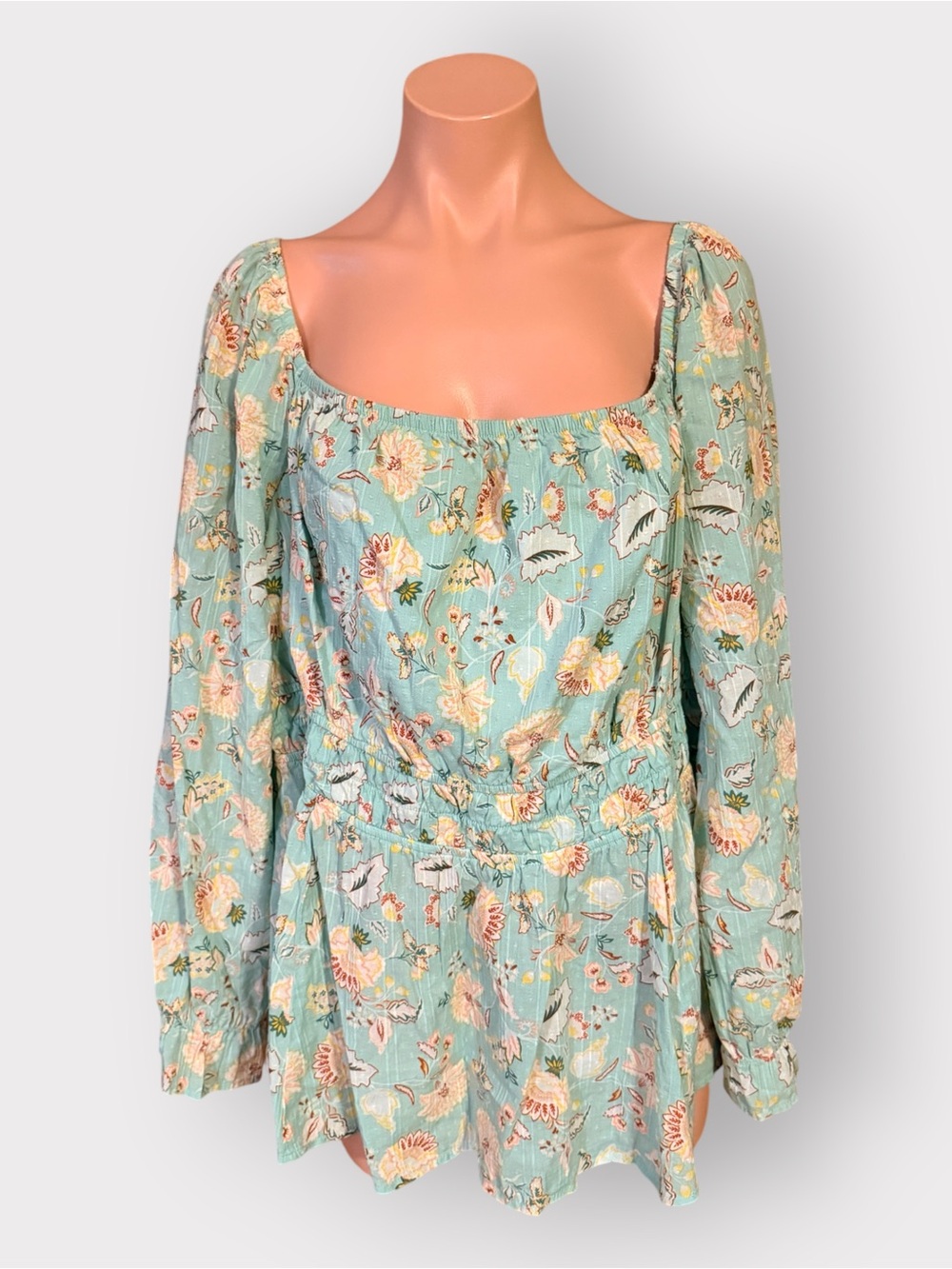 Torrid Women’s 2X Mint Green Floral Square Neck Smocked Waist Peplum Tunic Top